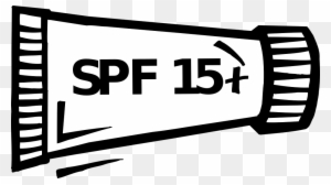 Black-and-white line drawing of a sunscreen tube labeled "SPF 15+" on transparent background.
