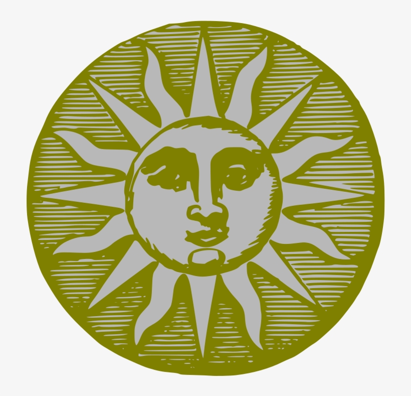 Olive-green woodcut-style sun with a serene human face and radiating rays, enclosed in a circular frame.