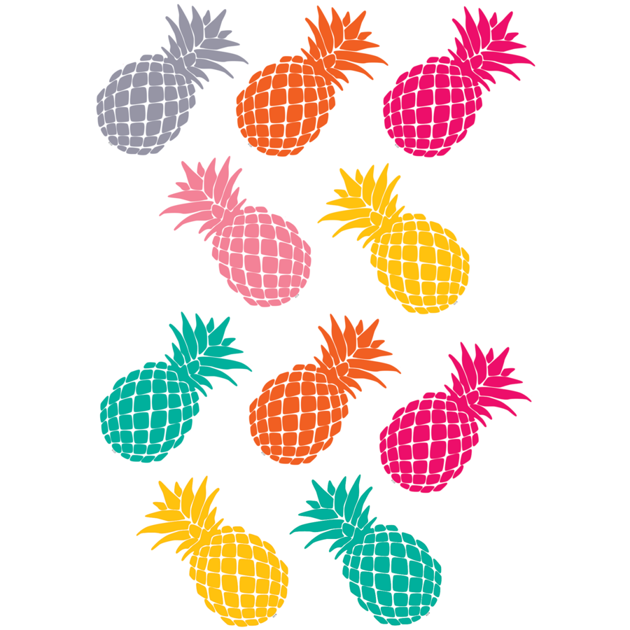 Ten stylized pineapples in vibrant colors-gray, orange, pink, yellow, teal-arranged on black background with white outlines.
