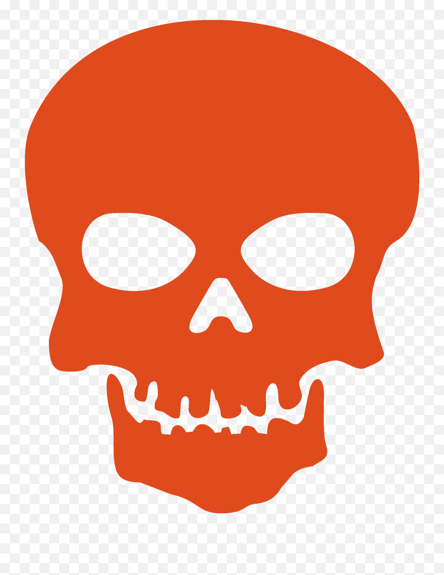 Orange stylized skull icon with hollow eye sockets, nasal cavity, and jagged teeth on transparent background.