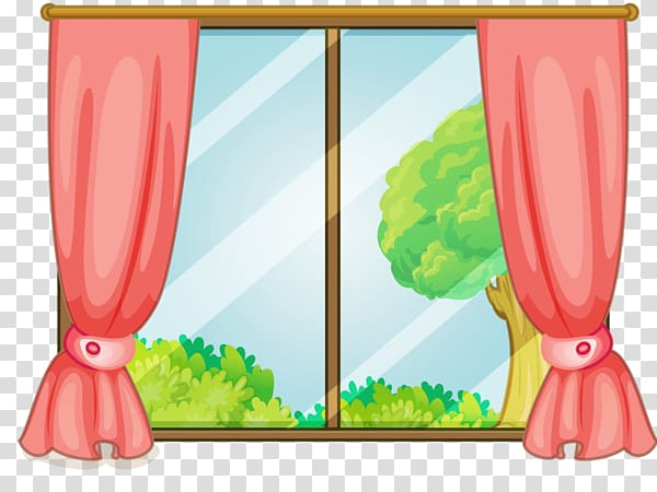 Pink curtains framing a window view of green trees and shrubs under a bright sky.