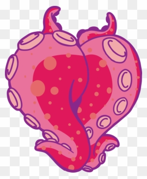 Pink octopus-shaped heart with suction cups and tentacles, stylized cartoon illustration.