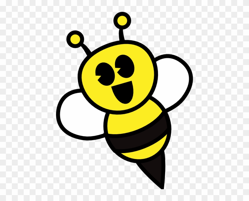 Cheerful cartoon bee with yellow body, black stripes, white wings, and smiling face on transparent background.