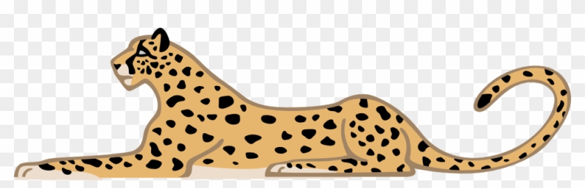 Stylized illustration of a spotted cheetah lying down with a curled tail on transparent background.