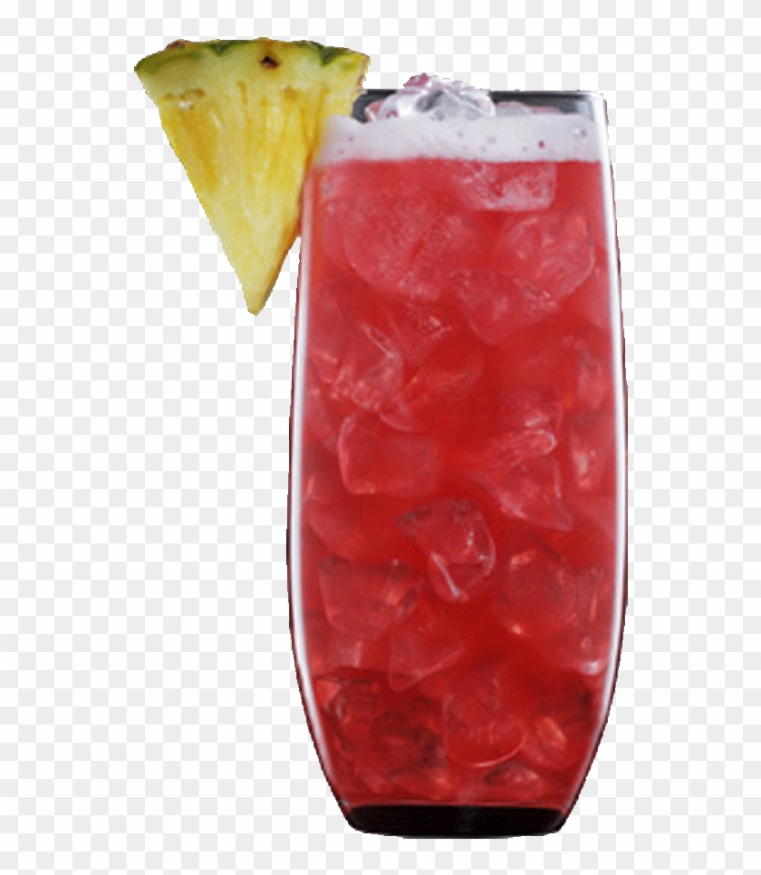 Vibrant red tropical cocktail in a tall glass with crushed ice and pineapple wedge garnish.
