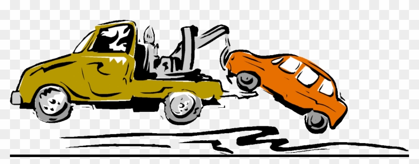 A yellow tow truck lifting an orange car with its boom arm on a checkered background.