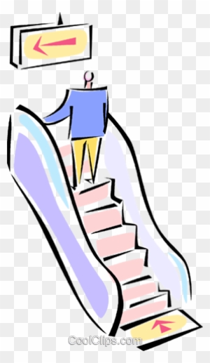 Person ascending an escalator with directional signs pointing left and down.