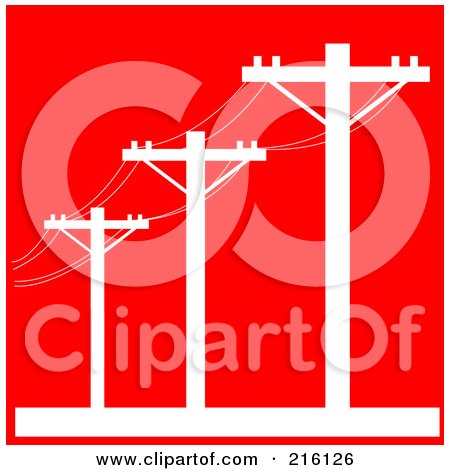 White utility poles with power lines against a red background, stylized clipart illustration.