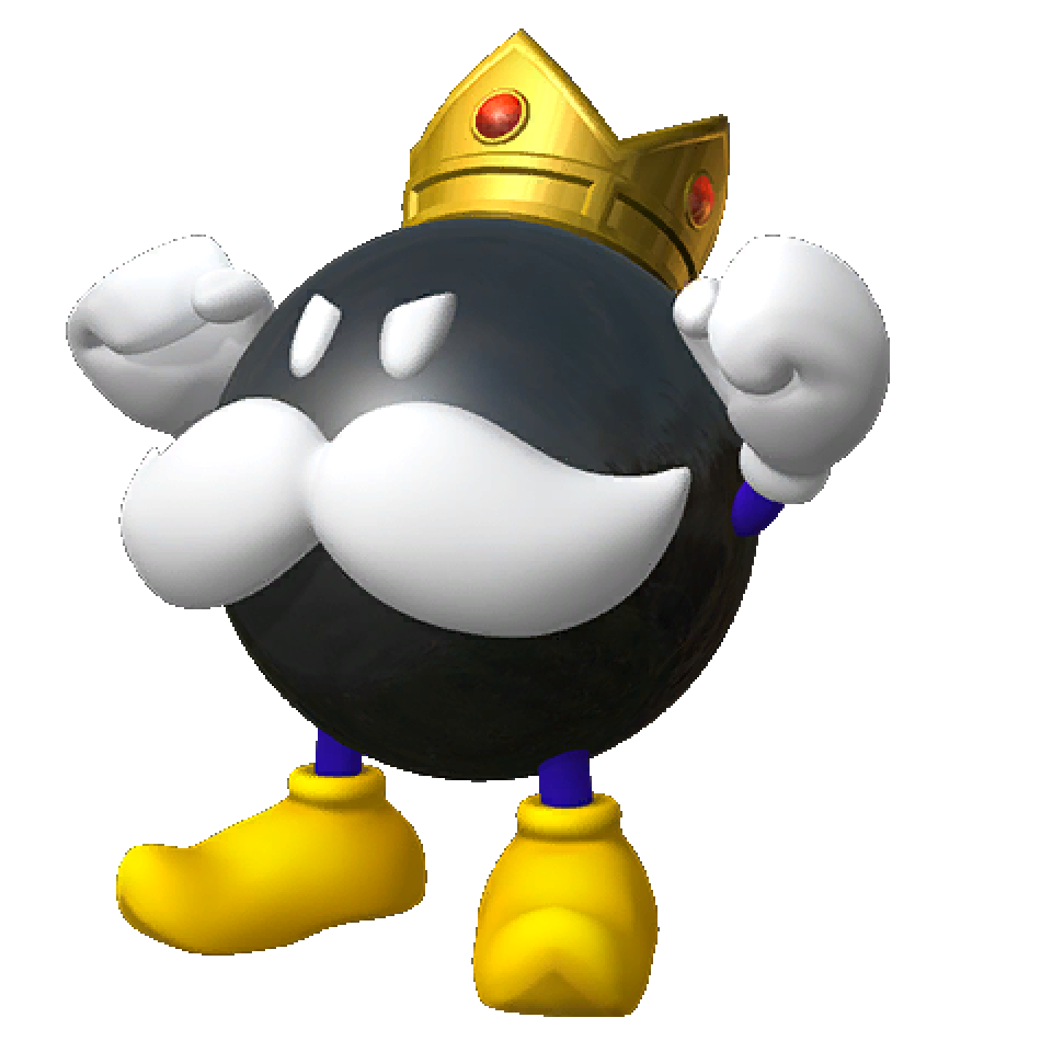 King Bob-omb, a black spherical bomb character with a gold crown, white mustache, and yellow boots, posing triumphantly.