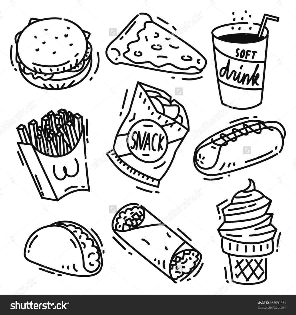 Black-and-white line-drawn fast food icons including burger, pizza, fries, soft drink, snack bag, hot dog, taco, burrito, and ice cream cone.
