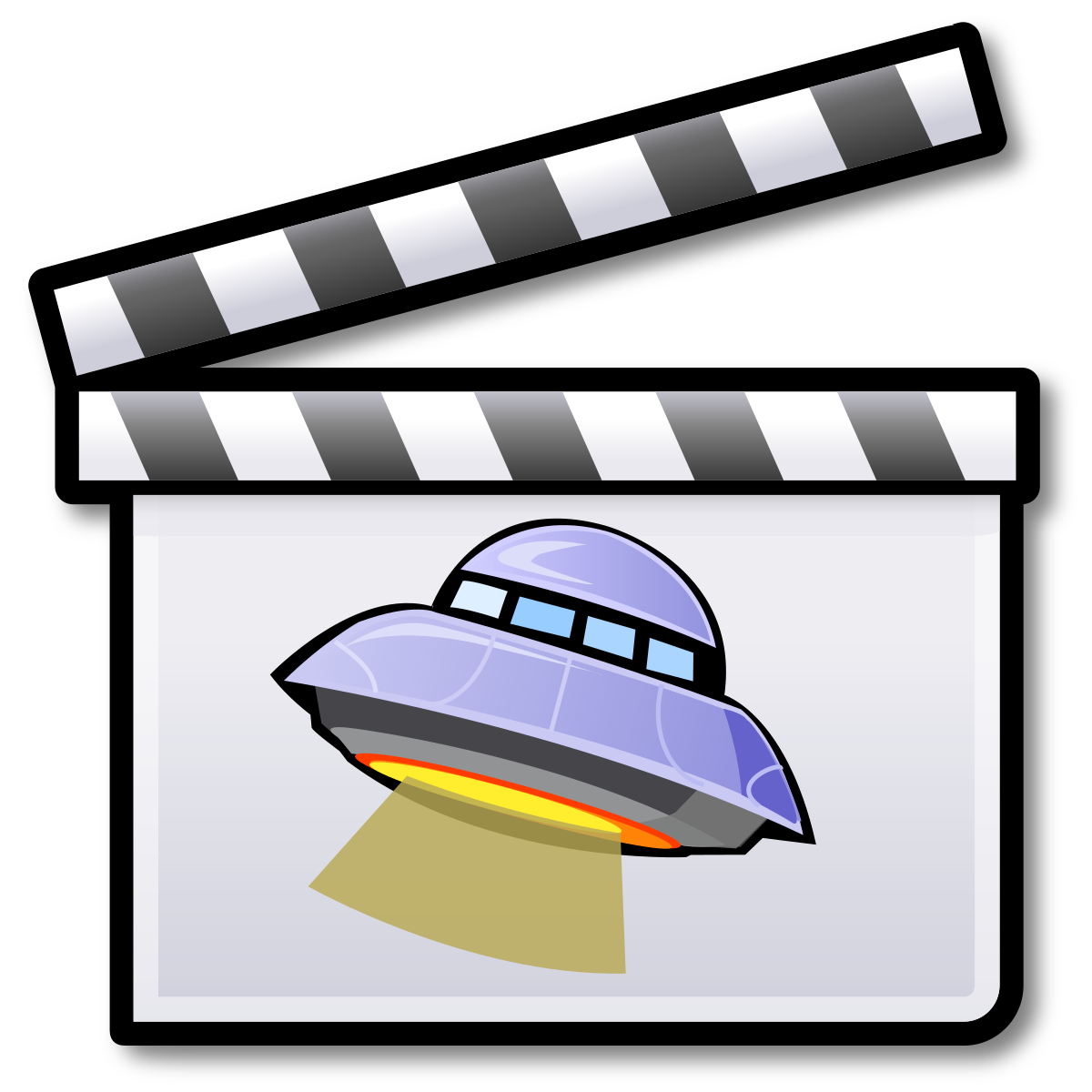 A film clapperboard with a purple UFO emitting a beam of light from its underside, set against a black background.
