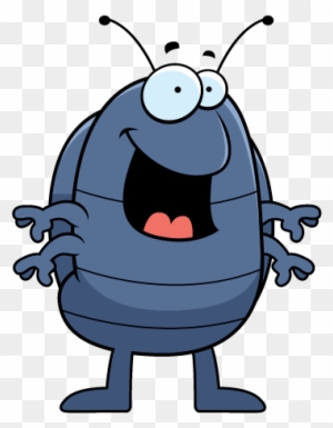 Cheerful cartoon blue bug with big eyes, open mouth, and waving arms on transparent background.