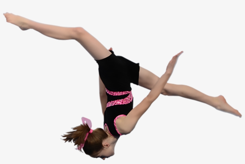 Young female gymnast performing a dynamic split leap in black and pink leotard against white background.