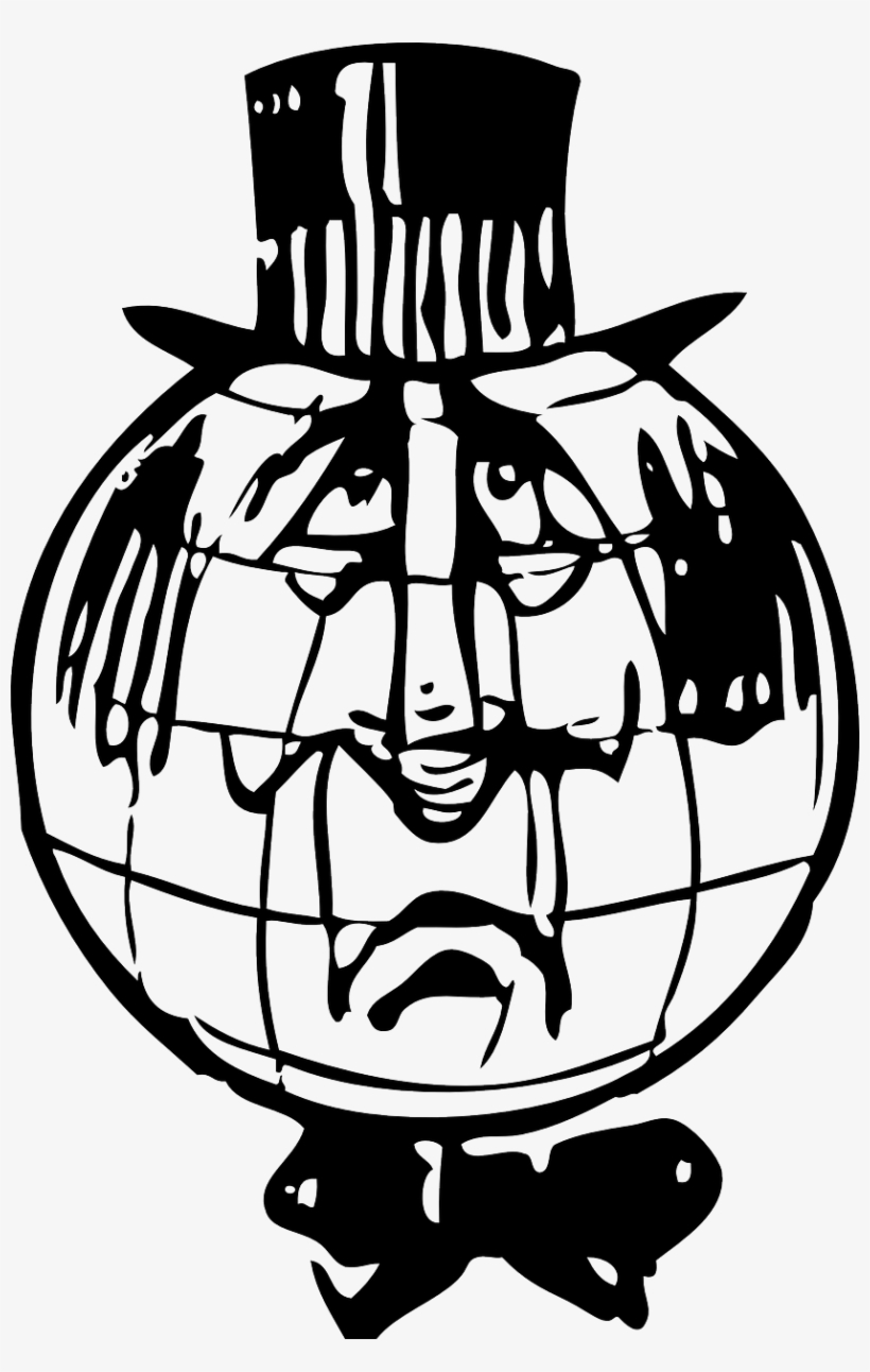 A stylized black-and-white illustration of a distressed globe wearing a top hat and bow tie, with fragmented facial features.