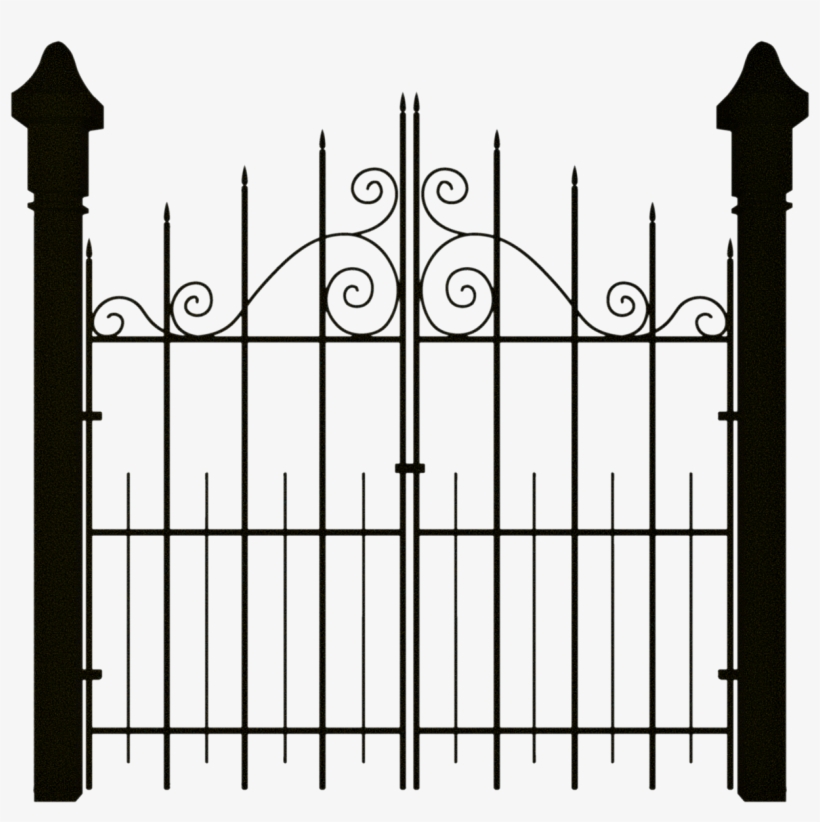 Ornate black wrought iron double gate with decorative scrolls and pointed finials, flanked by tall posts.