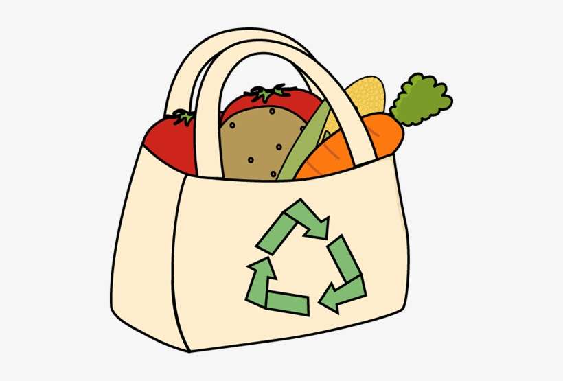 Reusable eco-friendly shopping bag filled with fresh vegetables and featuring a green recycling symbol.
