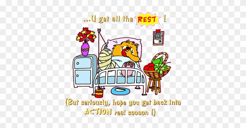 A cartoon cat in bed with bandages, surrounded by flowers, fruit basket, and medical supplies, with text urging rest and quick recovery.