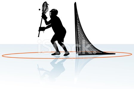 Silhouette of a lacrosse player in action near goal net on reflective surface with orange circle marking zone.