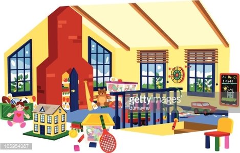 Bright, colorful children's playroom with toys, dollhouse, books, and large windows under a vaulted ceiling.