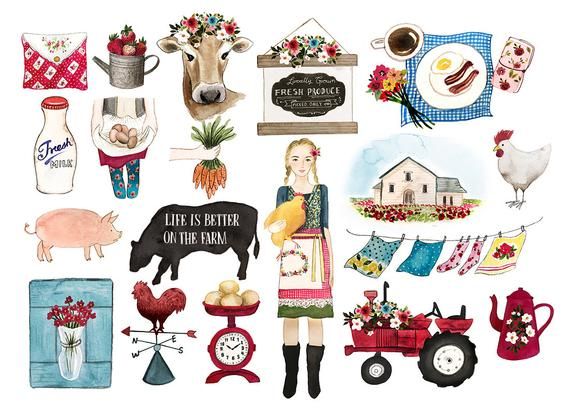 Farm-themed watercolor illustration with cow, pig, chicken, tractor, fresh produce, milk, and rustic decor elements.