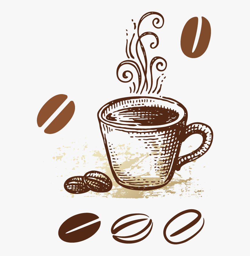 Vintage-style illustration of a steaming coffee cup with scattered coffee beans.