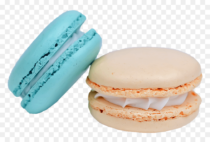 Two elegant macarons-one sky blue, one pale beige-filled with creamy white ganache, displayed on a transparent background.