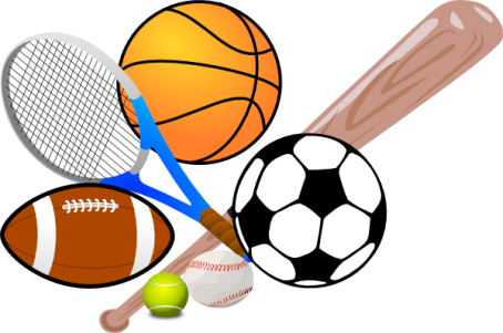 A colorful arrangement of sports equipment including a tennis racket, basketball, soccer ball, baseball bat, football, tennis ball, and baseball.