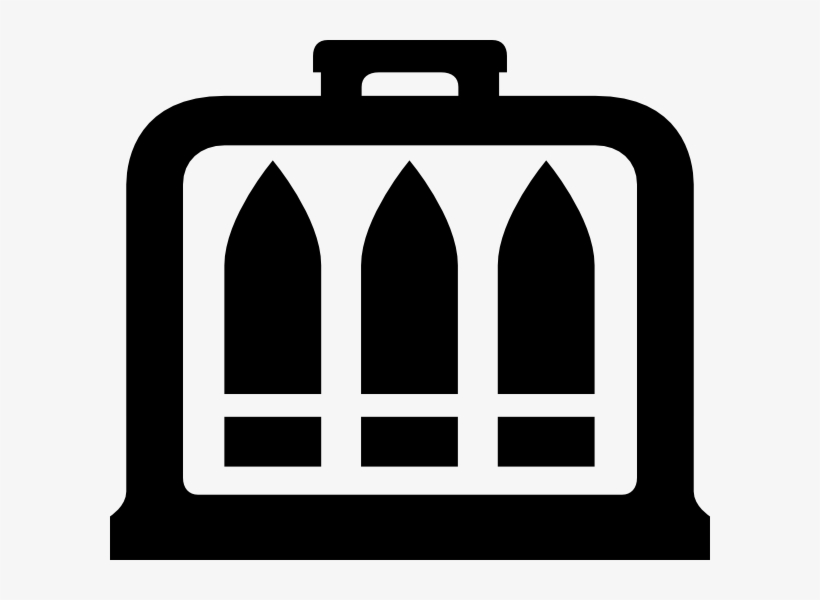 Black icon of a rectangular case with a handle, containing three upright bullet-shaped objects.