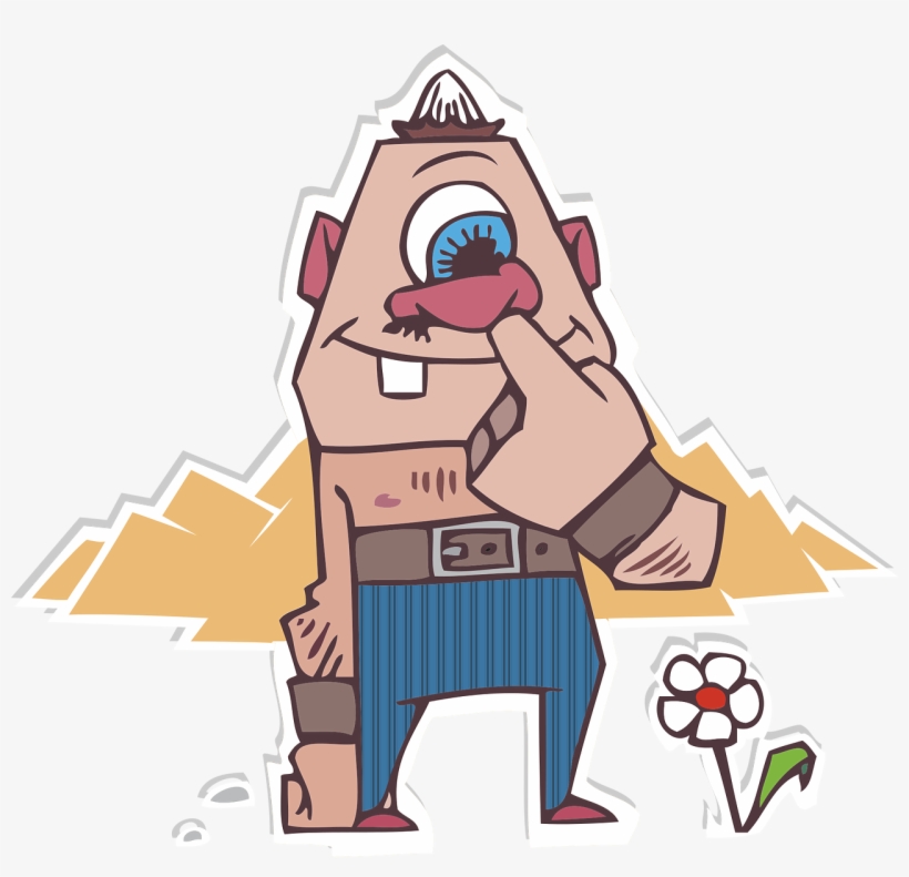 Cartoon one-eyed monster with pink nose, blue pants, and a flower nearby.