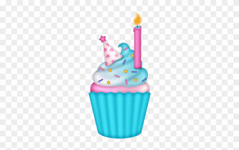 Colorful birthday cupcake with blue frosting, pink candle, party hat, and sprinkles on transparent background.