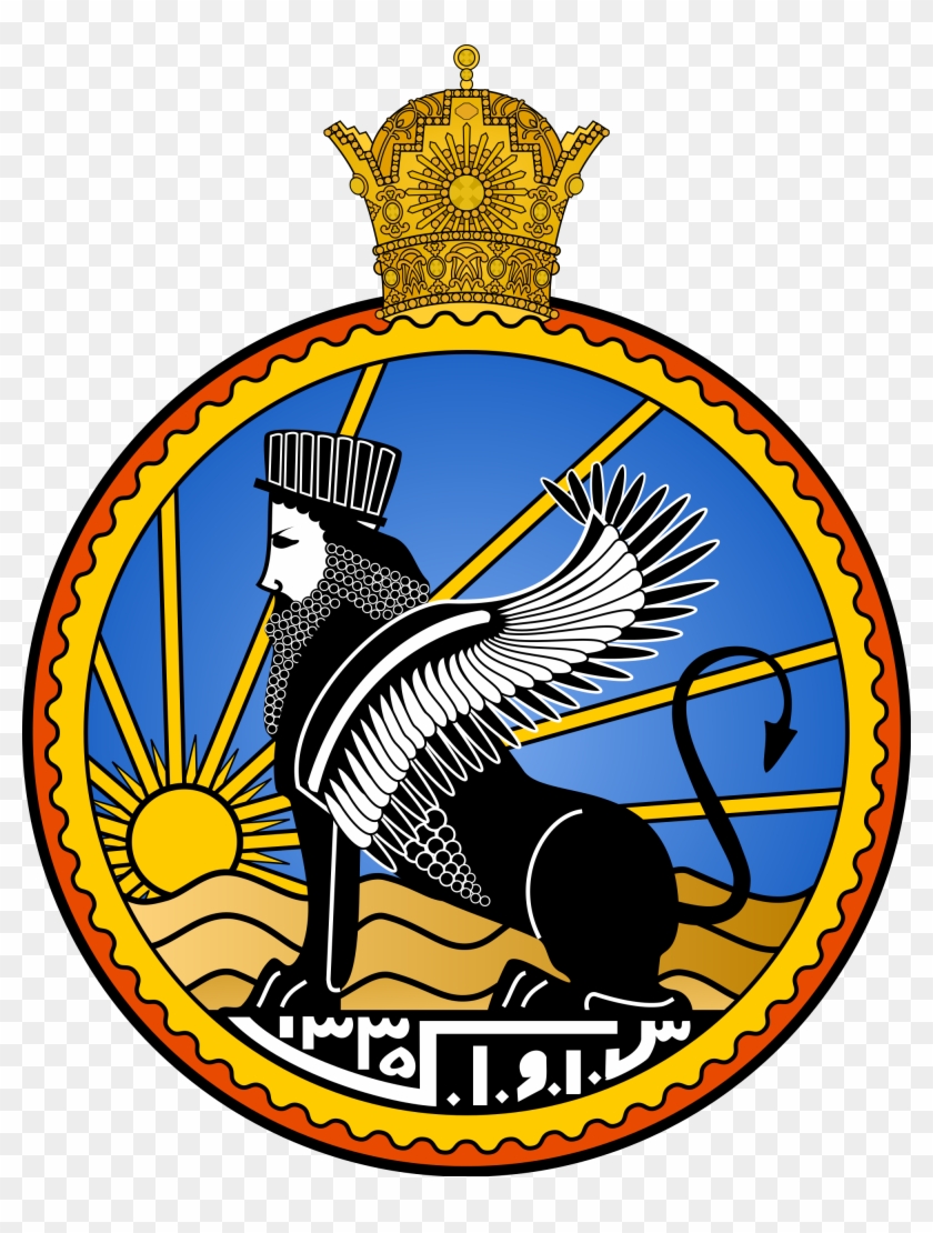 Imperial Lion and Sun emblem of Qajar Iran, crowned with royal tiara, wings spread, sun rising behind on blue sky over desert.