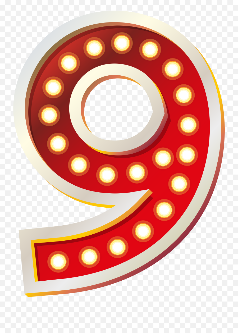 Red marquee-style number 9 with glowing light bulbs and silver border on transparent background.