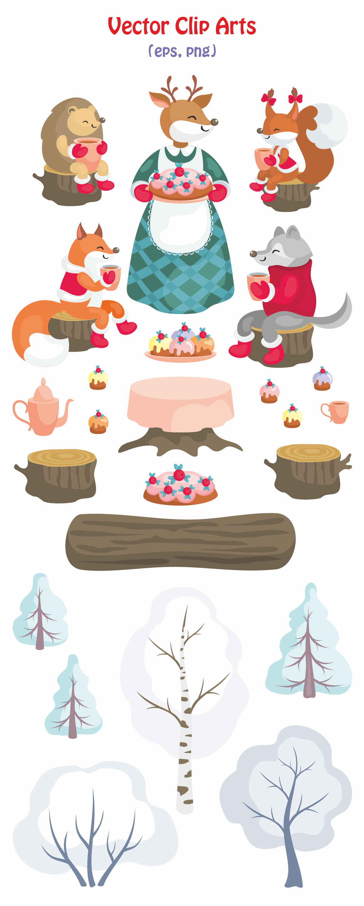 Cute winter woodland animals having tea party with cakes, stumps, logs, and snowy trees-vector clip art set.