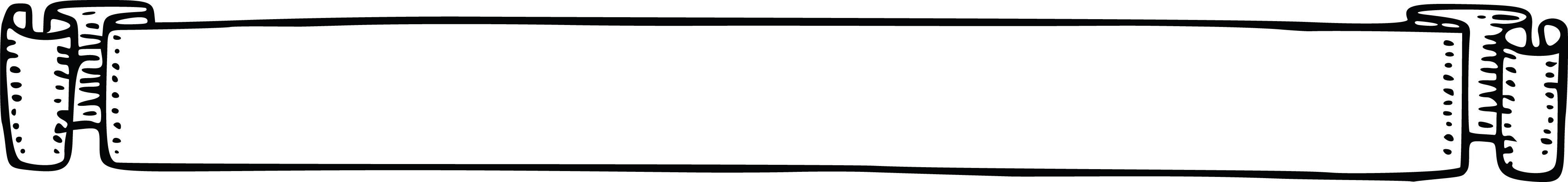 Black-and-white line drawing of a long horizontal scroll or banner with ornate, dotted decorative ends.