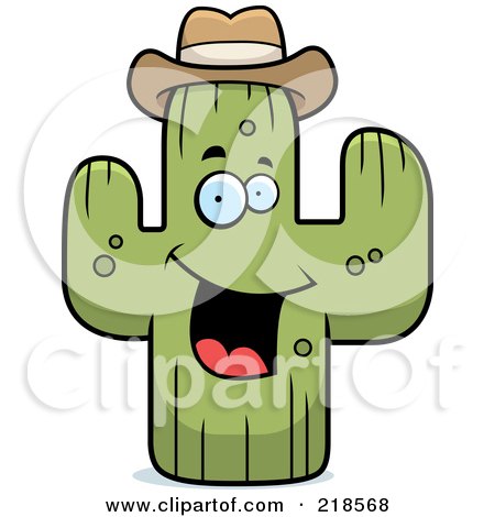 Cartoon green cactus wearing a cowboy hat, smiling with open mouth and raised arms.