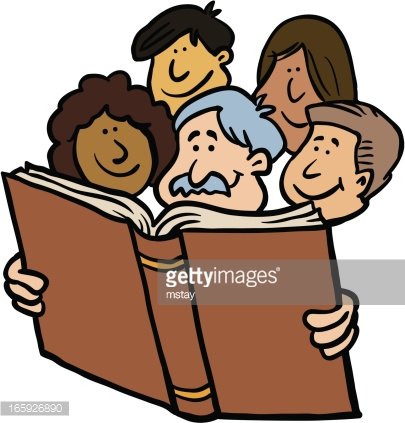 Diverse group of five smiling people gathered closely around a large open book, symbolizing shared learning and community reading.