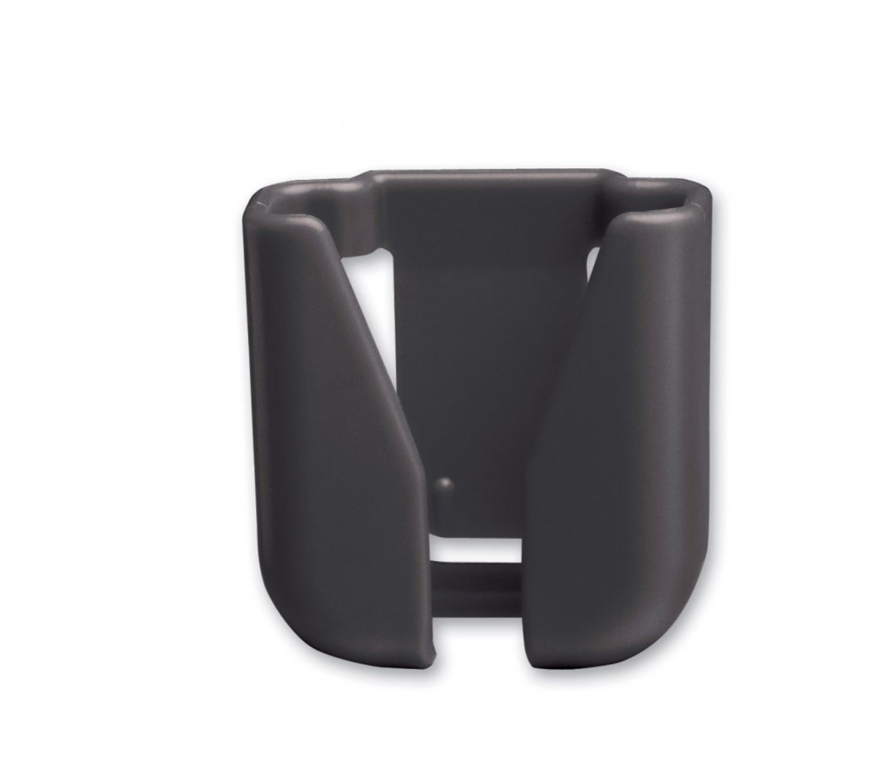 Black plastic clip-style holder with U-shaped opening and mounting slot, designed for secure device attachment.