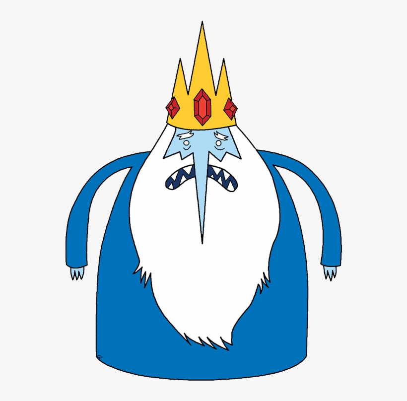 Ice King from Adventure Time wearing a golden crown with red gems and a blue robe, stern expression with icy beard.