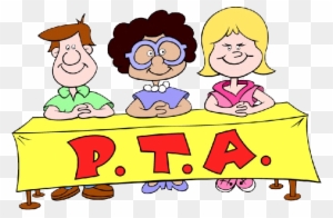Three smiling cartoon children sitting behind a yellow banner with "P.T.A." in red letters.