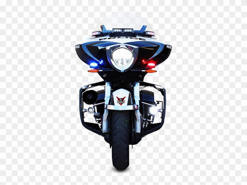 Front view of a modern police motorcycle with blue and red emergency lights activated, white fairing, and "POLICE" markings.