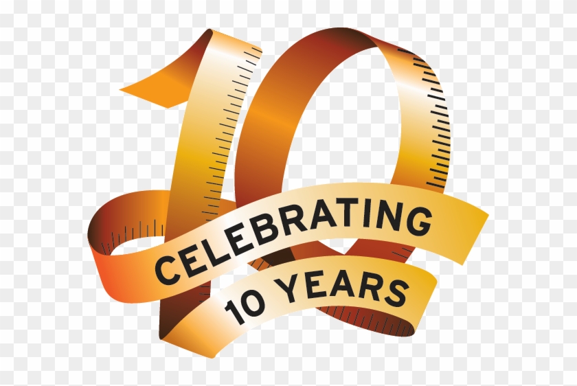 Golden ribbon forming the number "10" with text "Celebrating 10 Years" on a transparent background.
