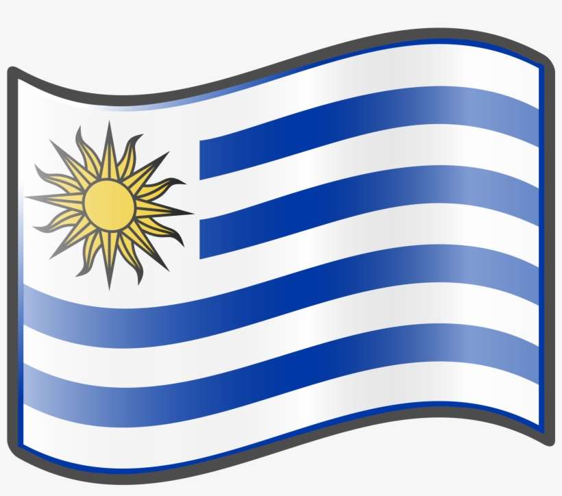 Waving flag of Uruguay with nine blue and white stripes and the Sun of May in the canton.
