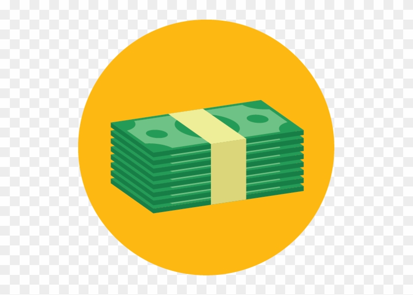 Stack of green cash bills bundled with a yellow band, inside an orange circle on transparent background.