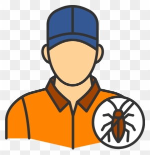 Pest control technician in orange uniform with beetle icon, representing professional insect extermination services.