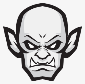 Stylized grayscale goblin face with pointed ears, furrowed brows, and sharp fangs, conveying menace and aggression.