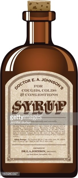Vintage amber glass bottle labeled "Doctor E. A. Johnson's Syrup for Coughs, Colds & Congestions" with cork stopper and ornate label.