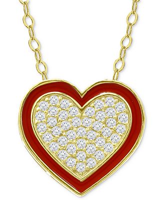Gold heart pendant with red enamel border and pave-set clear stones on a chain.