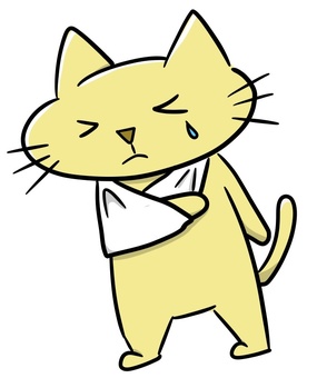 Sad yellow cartoon cat with injured arm in sling, teary-eyed and wincing in pain.
