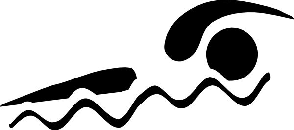 Black silhouette of a swimmer performing freestyle stroke above wavy water lines.