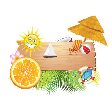 Cheerful summer-themed wooden sign with sun, orange slice, palm leaves, beach chair, umbrella, sailboat, and beach ball.